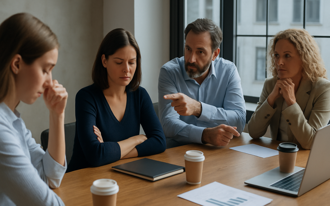 Réunion Tendue En Entreprise Collaborateurs Autour D'une Table Avec Des Expressions Fermées Et De Désaccord, Illustrant Une Dynamique Relationnelle Difficile