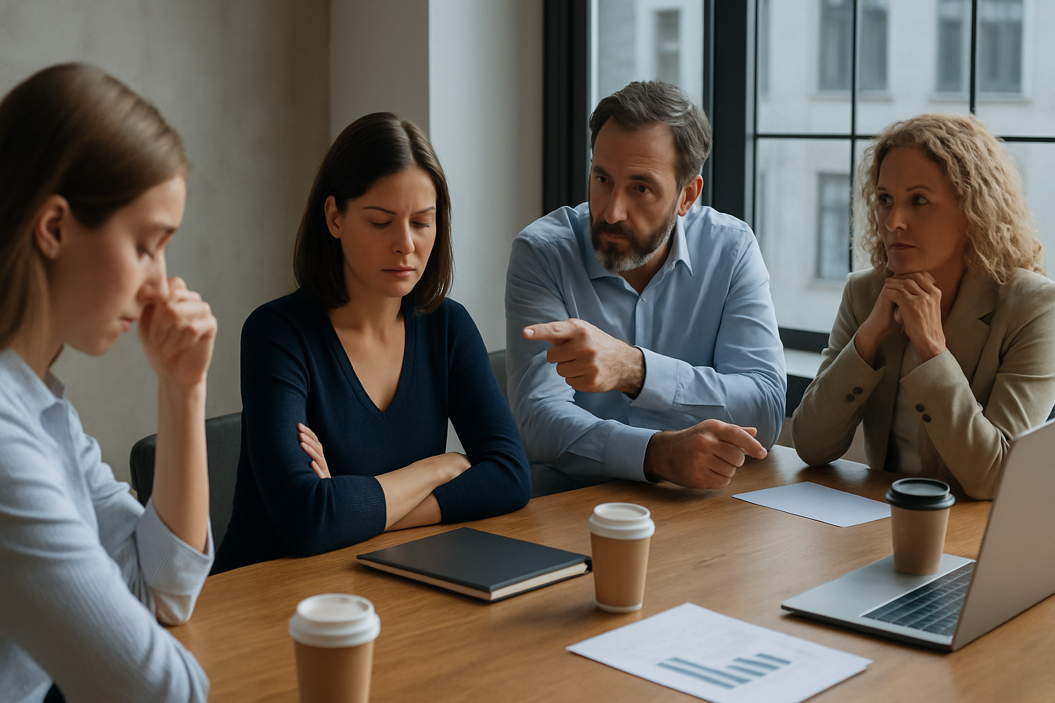 Réunion Tendue En Entreprise Collaborateurs Autour D'une Table Avec Des Expressions Fermées Et De Désaccord, Illustrant Une Dynamique Relationnelle Difficile